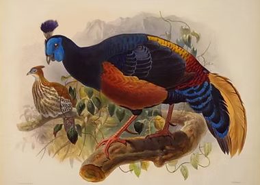 Euplocamus nobilis + Litografia di Joseph Wolf successivamente colorata a mano da J. Smit